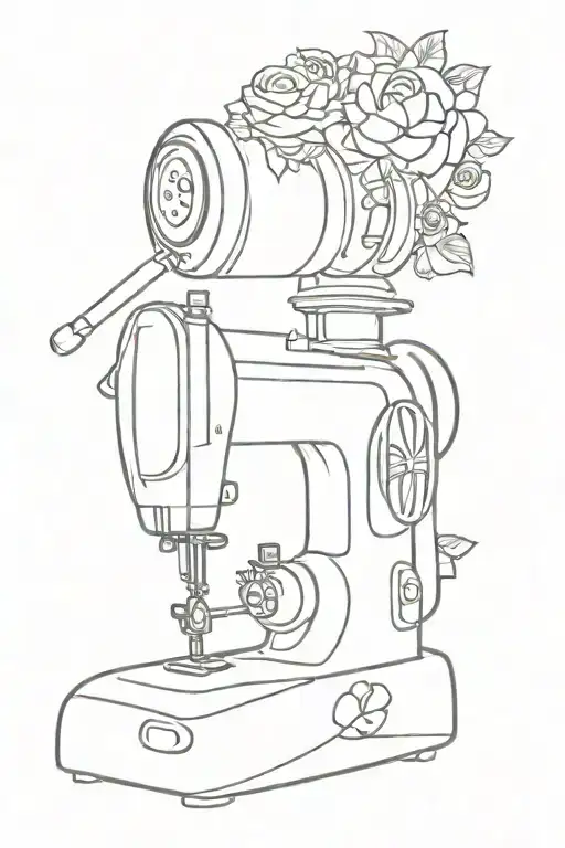 You need to design a minimalist or linear tattoo, containing a sewing machine, kitchen utensils and a veil tattoo design idea