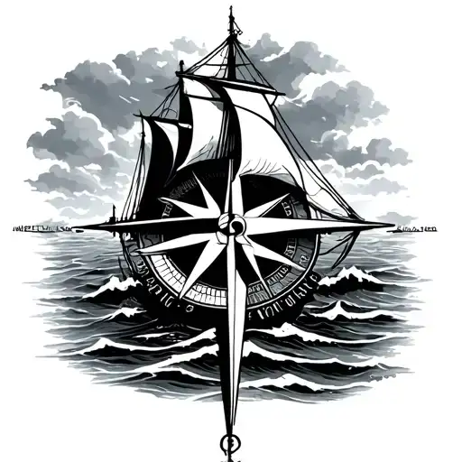 broken compass needle. with ocean and boat sailing towards tattoo design idea