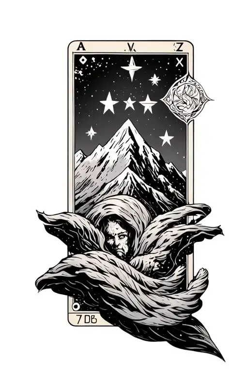 acomaf inspired tattoo featuring valeris and and the three stars and mountain inside a tarot card inspired rectangle.  tattoo design idea