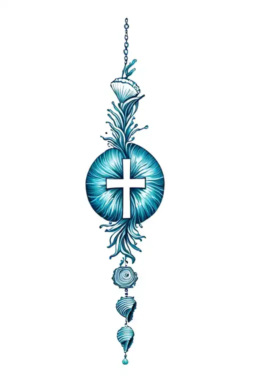 A thin vertical tattoo that incorporates the ocean, a small catholic cross near the back of the neck, and sea shells tattoo design idea