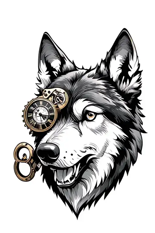 Steampunk Muzzle Wolf with the left detailed mechanical part of the muzzle, gears, mechanisms, clock arrows dial tattoo design idea
