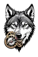 Steampunk Muzzle Wolf with the left detailed mechanical part of the muzzle, gears, mechanisms, clock arrows dial tattoo design idea