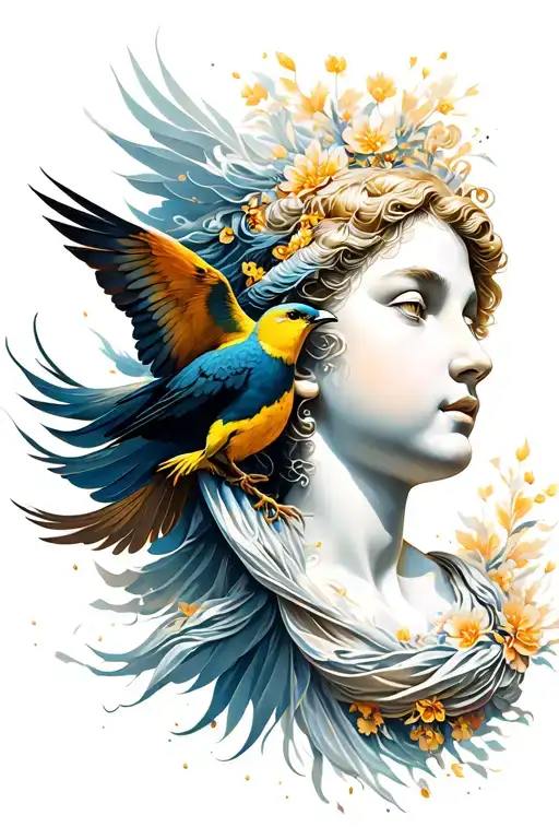 minimal aphrodite with bird flying in the sky tattoo design idea