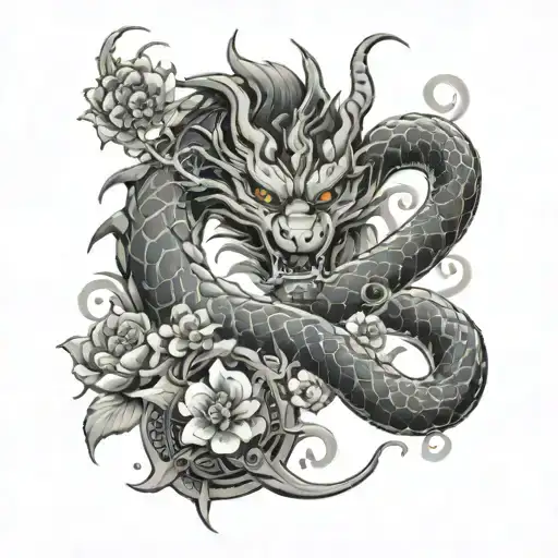 Japanese dragon intertwined with a Aztec dragon with a blossom tree and macuahuitl in the middle. tattoo design idea
