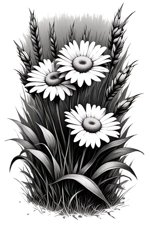 daisy flower and Reeds in a wood clearing tattoo design idea