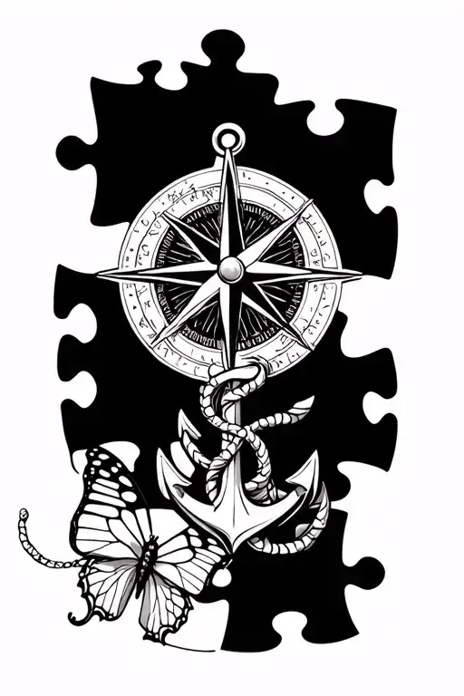 nautical compas, anchor, butterfly and jigsaw puzzle piece tattoo design idea