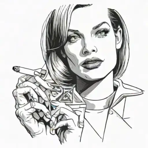 Black and white, minimalist portrait of Uma Thurman holding a cigarette from the movie's poster Pulp Fiction.  tattoo design idea
