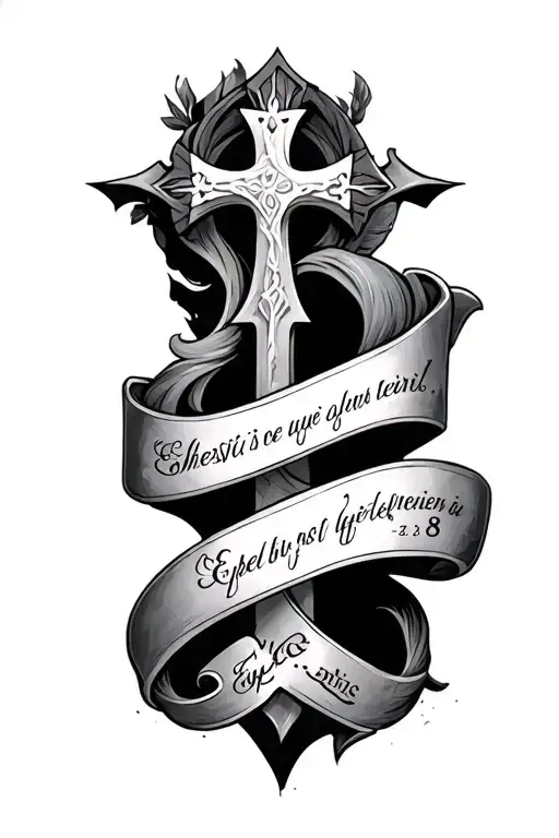 arm siglism+ shoulder métal cross with a verse written Ephésiens 2:8 tattoo design idea