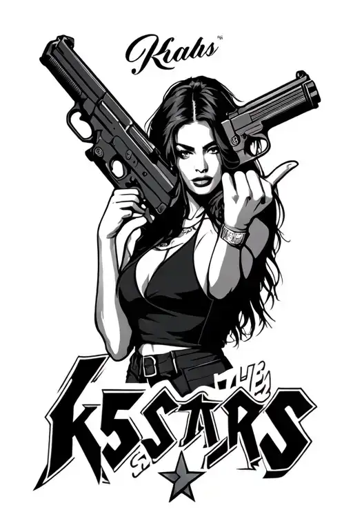the name K5stars with guns and a women with the middle finger up tattoo design idea