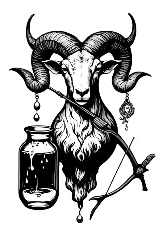 Aries Aquarius Sagittarius. half rams head joint with bow and arrow and jug poring water hanging on rams horn  tattoo design idea