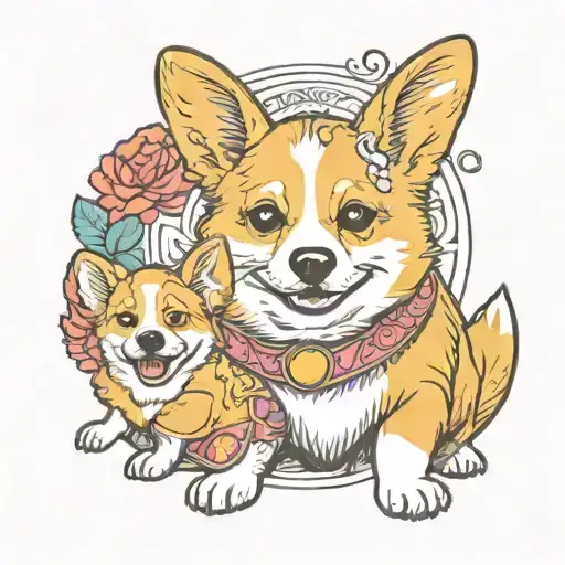 A yellow-and-white corgi with an infant human Chinese 1-month old baby girl  tattoo design idea