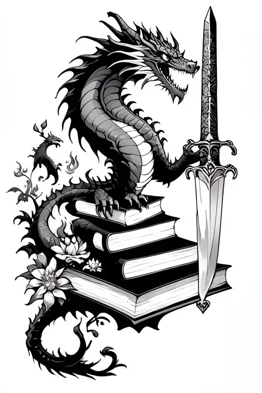 beautiful dragon clutching a sword piercing a book stack with flowers and fire and small creatures climbing tattoo design idea