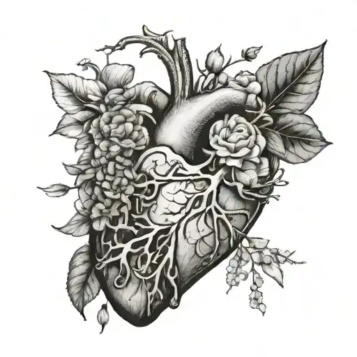 anatomical divided half heart vs half brain fine line tattoo design, with botanicals blooming from heart tattoo design idea