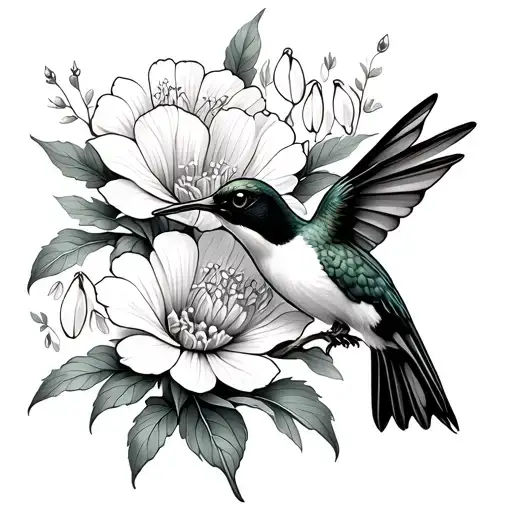 black and white realism with humming bird, carnation and snowdrop flowers tattoo design idea