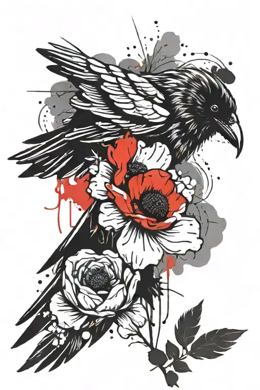 Raven and Poppy flower tattoo design idea
