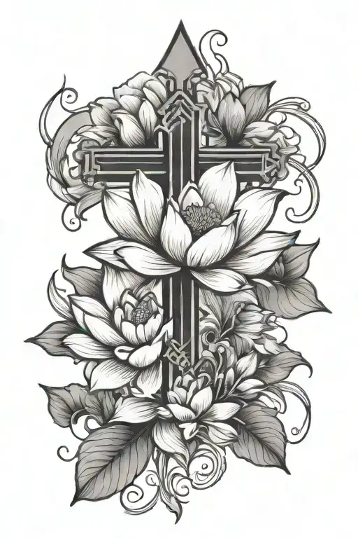 cross and lotus flower blooming tattoo design idea