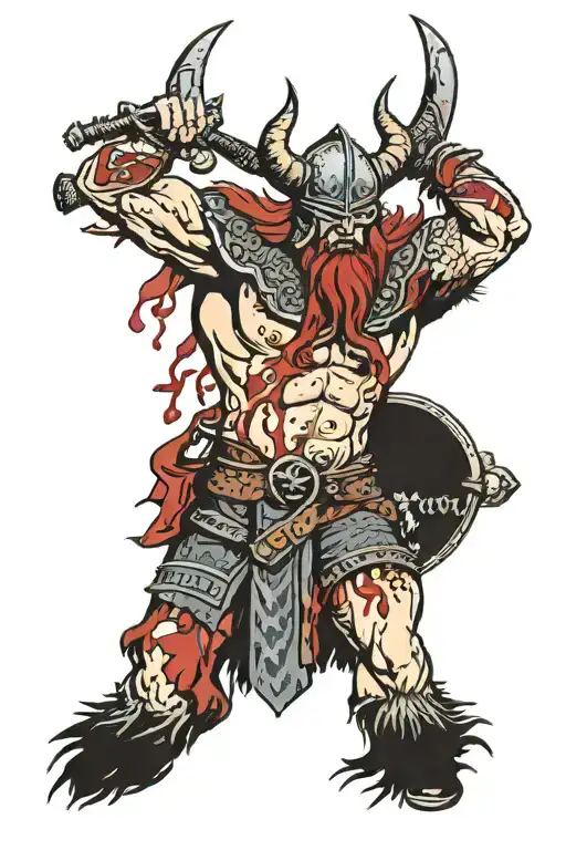 dark viking  warrior covered in blood holding his enemies head! tattoo design idea
