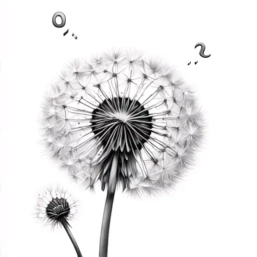 Tattoo = One Delicate dandelion with seeds blowing away above the flower. One seeds a semicolon (;) one a crotchet (♪) tattoo design idea