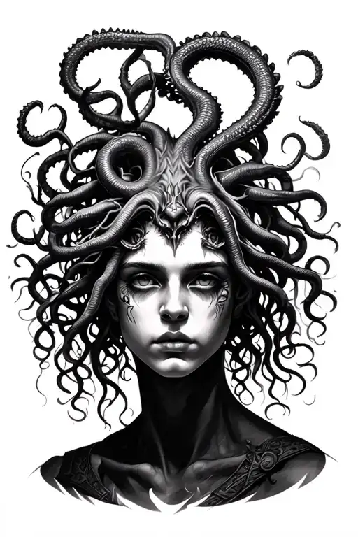 Portrait of Medusa with the face of the person in the photo, realistic tattoo style in black ink, fine details, Serpie tattoo design idea