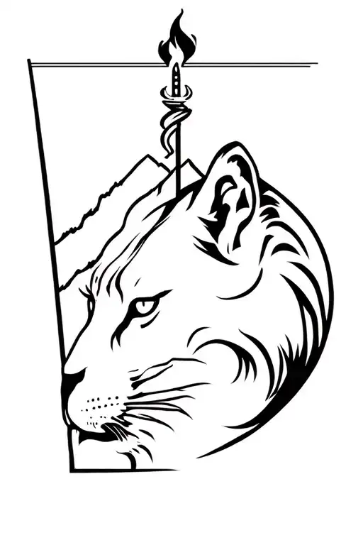 man, mountain, lion, torch, time, perseverance, effort, courage, power, elegance, knowledge tattoo design idea