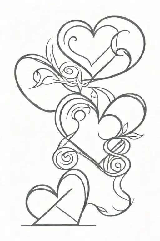 three hearts one below the other with initial m m e tattoo design idea