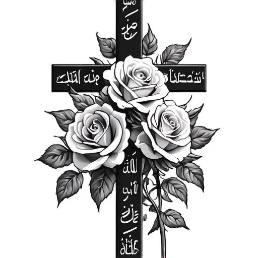 a cross with roses with my parents' names in Arabic tattoo design idea