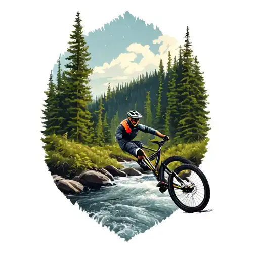 nordic mtb in forest with river tattoo design idea