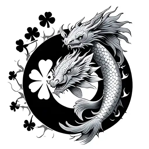 4 leaf clover koi fish and dragon horseshoe sun and moon tattoo design idea