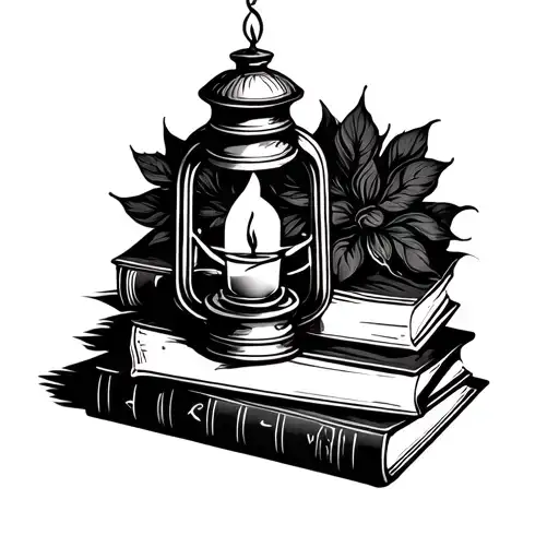 black and white line tattoo. Antique candle lantern on top of stack of books, candle inside lantern is lit and is emitti tattoo design idea