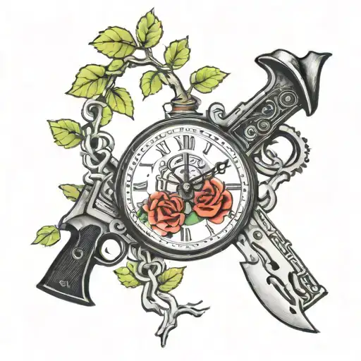 tree clock guns and roses intertwined tattoo design idea