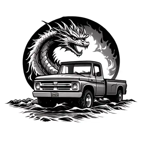 dragon fire pickuptruck river mountain tattoo design idea