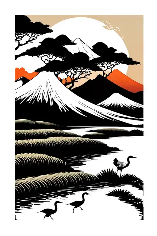 3 cranes on rice terraces with Mount Fuji in the background tattoo design idea