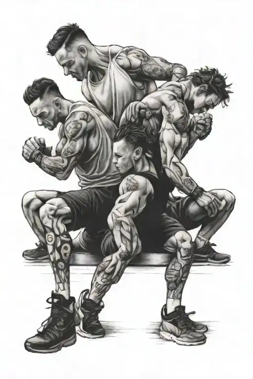 A group of friends doing a challenging workout together, showing the importance of camaraderie and support in the gym tattoo design idea