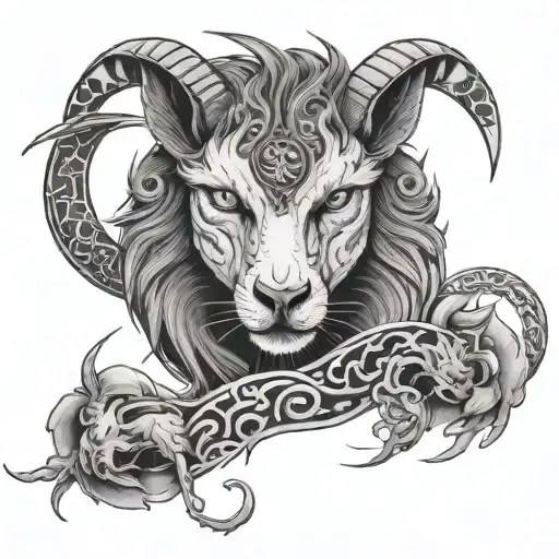 mainly lone wolf incorporating a goat, 2 fishes portrayed like yin and yang and the number 96 tattoo design idea
