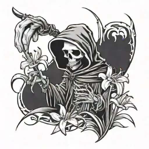 A photorealistic small cute grim reaper looking at and holding a tiny spider lily tattoo design idea