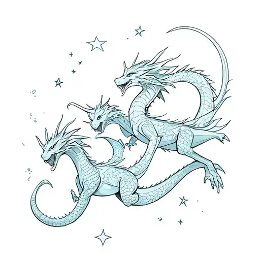 three dragons, minimalist, fine-line, in flight curved together with some stars tattoo design idea