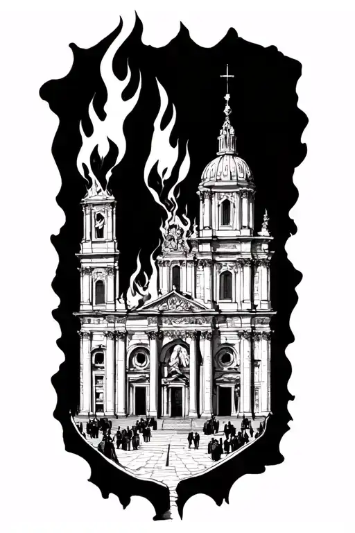 Burning Church Rome with a man infront of that tattoo design idea