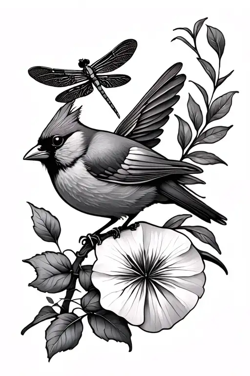 feminine half shoulder sleeve, no color. include the following: a cardinal, a dragonfly, a ginko tree leaf, a lantana fl tattoo design idea