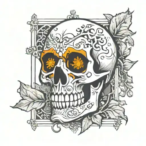 simple design, emperor tarot card with a cracked skull, vines, rivets, lava tattoo design idea