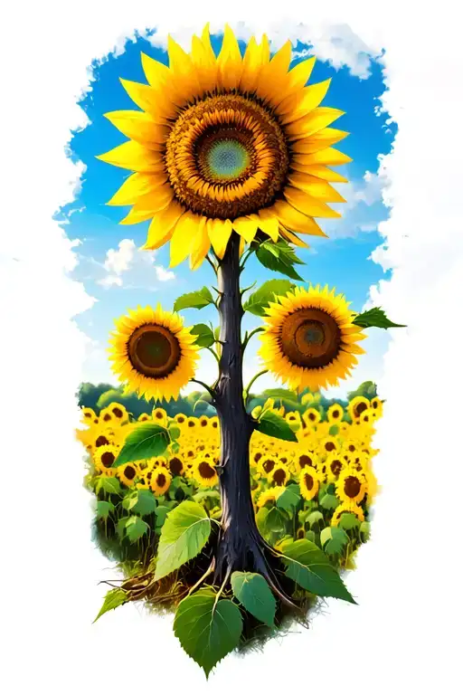 single dead tree in sunflower field with bright blue sky tattoo design idea