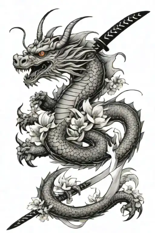 Japanese dragon surrounding a katana and zakura flowers tattoo design idea