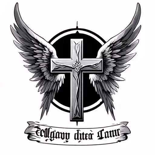 realistic cross with wings with lighting in background and wording below it tattoo design idea