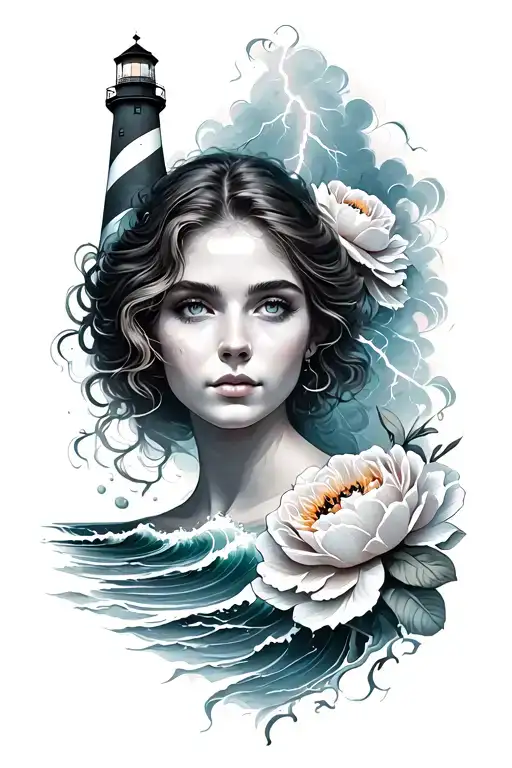 A women’s face in center with lighthouse, crashing waves and lightning, peonies  tattoo design idea