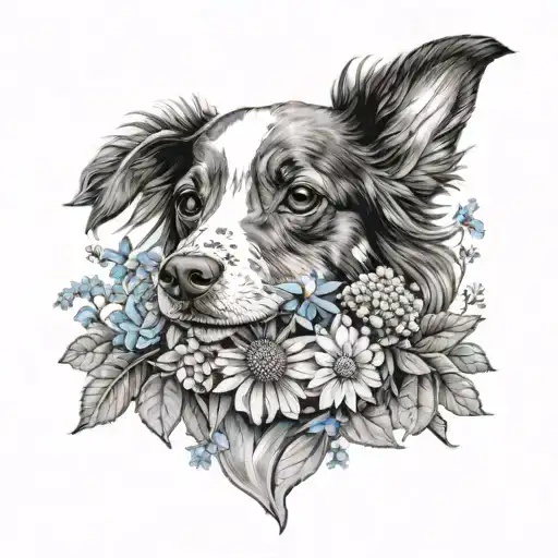 dog with scarf, acacia, chrysanthemum, hydrangea, marigold, daisy, forget-me-not, dandelion tattoo design idea