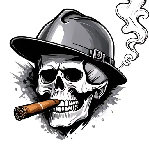skull smoking a cigar wearing a hard hat tattoo design idea