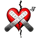 A small red heart with a visible crack, two band-aids crossing over the crack, and the initial 'J' in cursive placed ins tattoo design idea