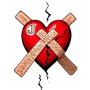 A small red heart with a visible crack, two band-aids crossing over the crack, and the initial 'J' in cursive placed ins tattoo design idea