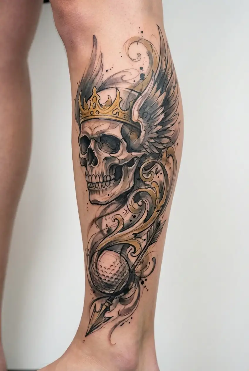 skull and crown golf ball with wings tattoo design idea