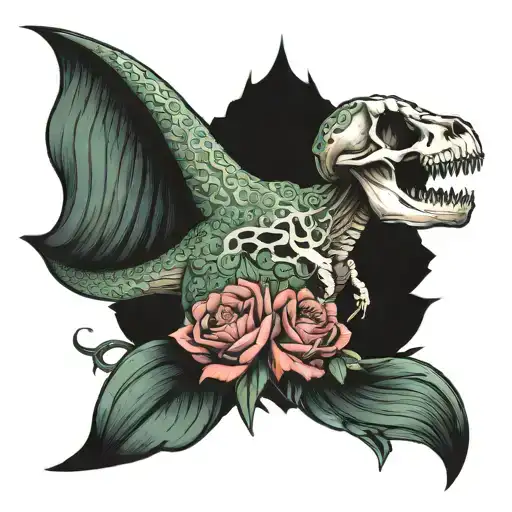 dinosaur skull with mermaid tail tattoo design idea