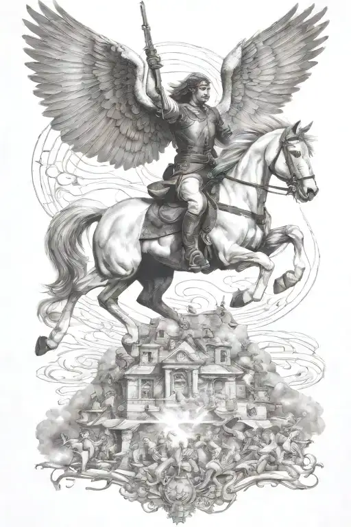 angel ride horse galloping through the war scene tattoo design idea